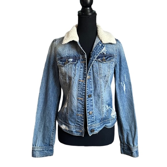 Mossimo Jean Jacket Sherpa Collar Womens Denim Trucker Coat Distressed Size S/P - Picture 1 of 17